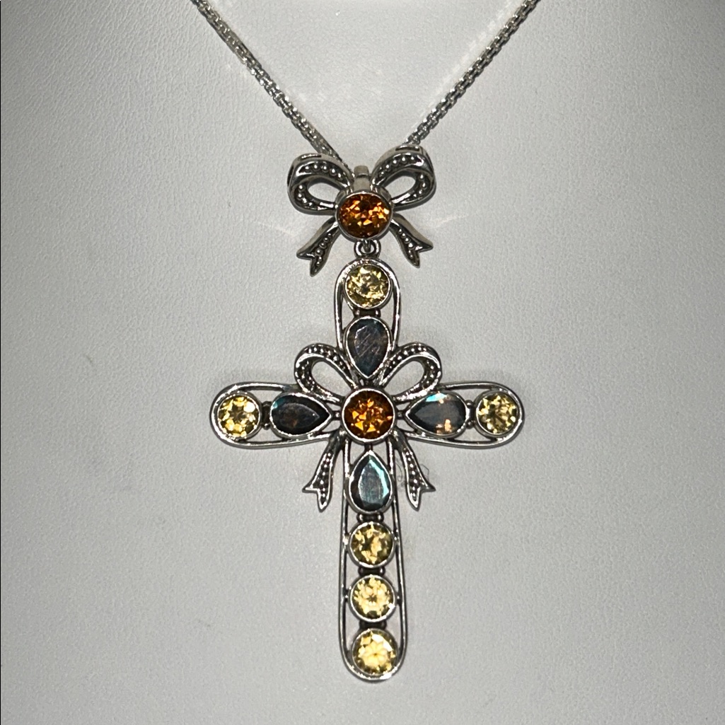 Nwot Nicky Butler Designer Multi Gemstone Bow Dangle Cross Pendant Necklace 225$